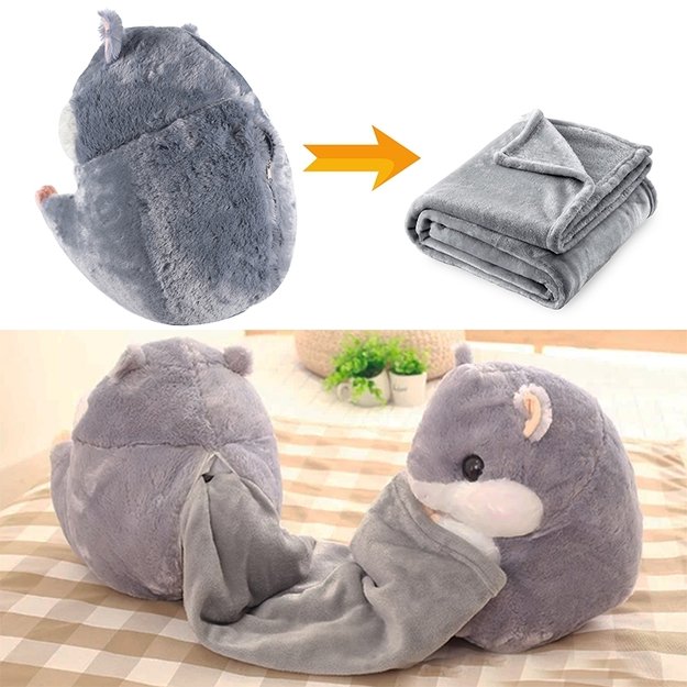 Minkštas pliušinis žiūrkėnas–pagalvėlė su paslėptu pledu 1