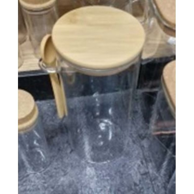 Stiklinis indas su mediniu dangteliu ir &scaron;auk&scaron;teliu