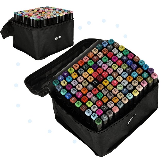 120 dvipusių markerių rinkinys su stovu ir dėklu 5