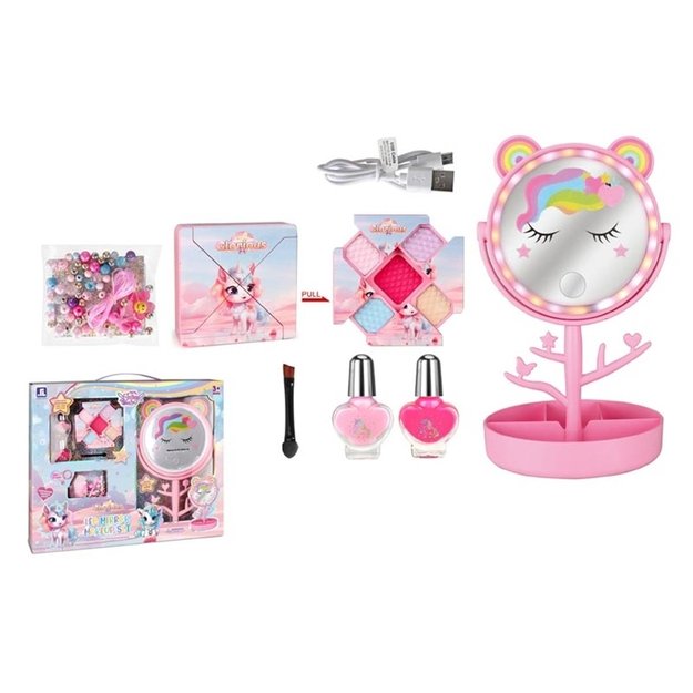 Šviečiantis veidrodis kosmetikos ir karoliukų rinkinys vaikiškas 1