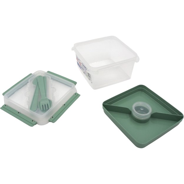 Kvadratinė maisto dėžutė su įrankiais ir vidiniu skyriumi (2,25 l) 2