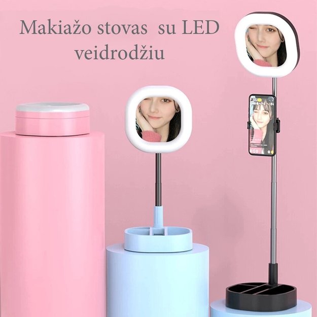 LED  Selfie  veidrodis su stovu - Rožinė