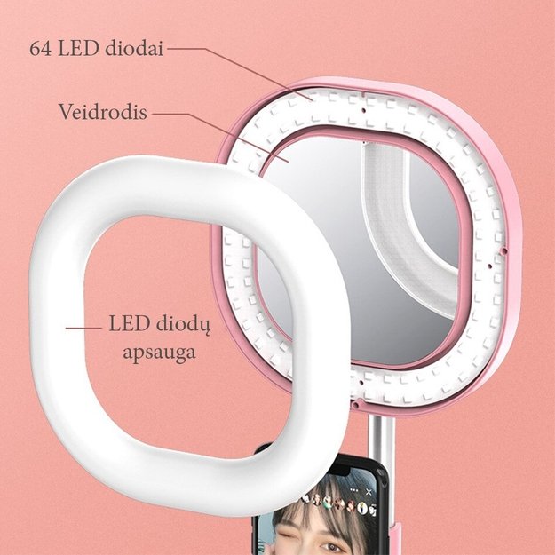 LED  Selfie  veidrodis su stovu - Rožinė