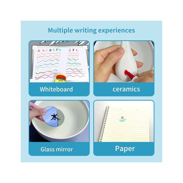 Magiški flomasteriai plaukiojantys ant vandens piešiniai rinkinyje yra 11 vnt. ir porcelianinis šaukštelis 8