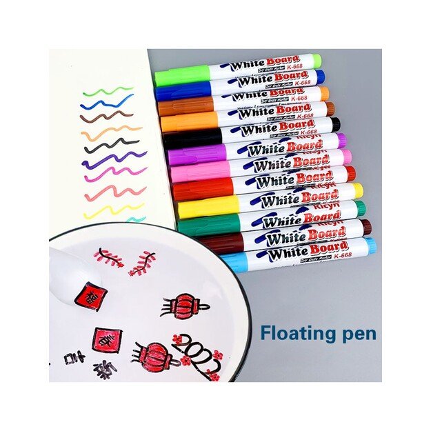 Magiški flomasteriai plaukiojantys ant vandens piešiniai rinkinyje yra 11 vnt. ir porcelianinis šaukštelis 9