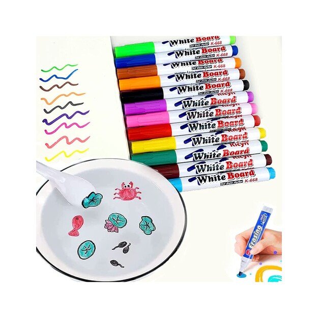 Magiški flomasteriai plaukiojantys ant vandens piešiniai rinkinyje yra 11 vnt. ir porcelianinis šaukštelis