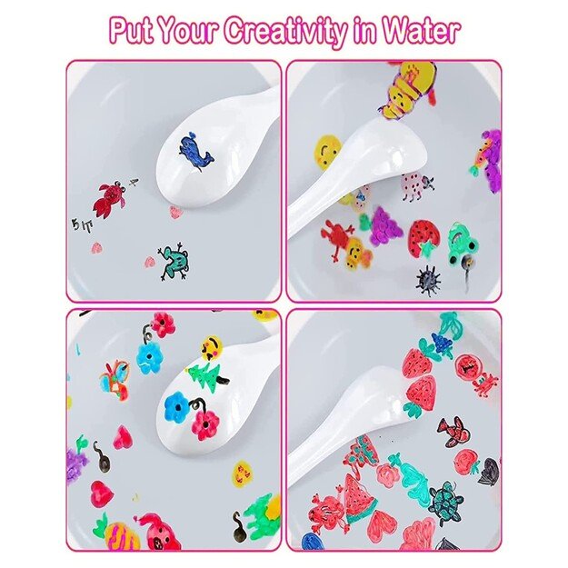 Magiški flomasteriai plaukiojantys ant vandens piešiniai rinkinyje yra 11 vnt. ir porcelianinis šaukštelis 5