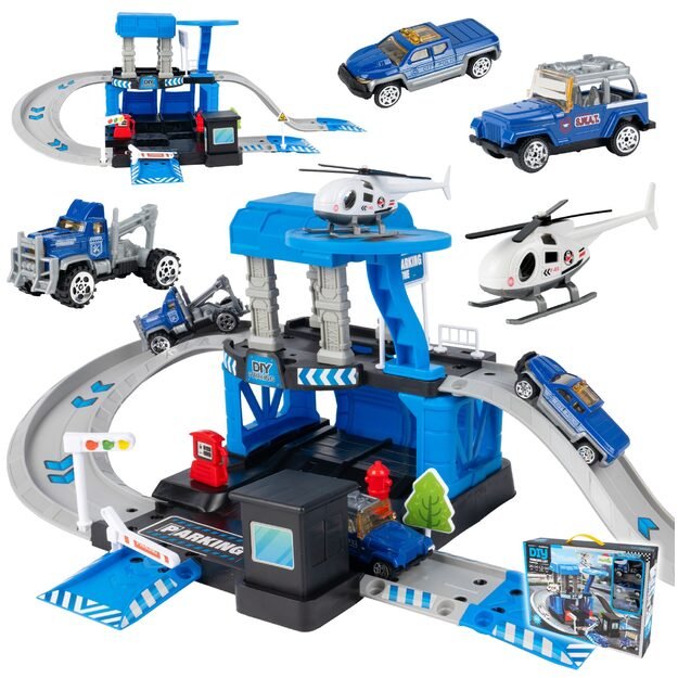 Trasa garažas policijos malūnsparnis ir mašinos