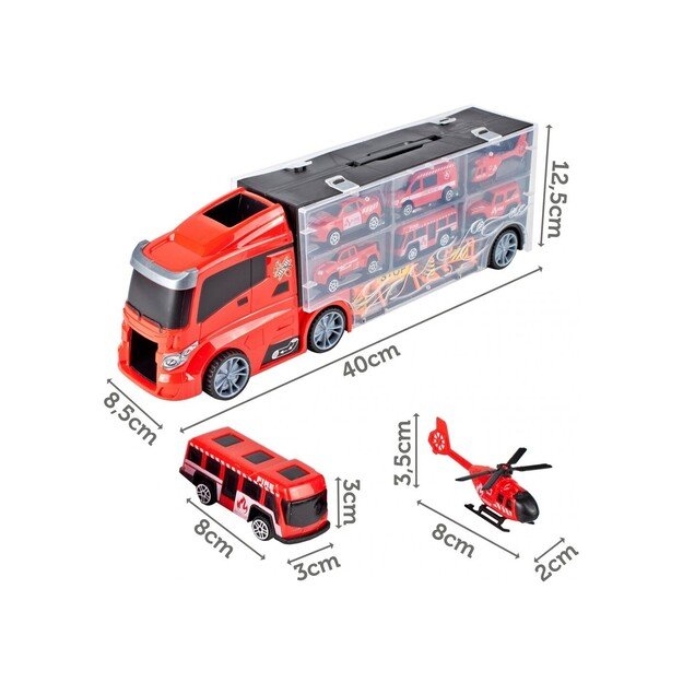 Gaisrinė vilkikas su kelio ženklais, rinkinyje 4 mašinos, malūnsparnis, autobusas