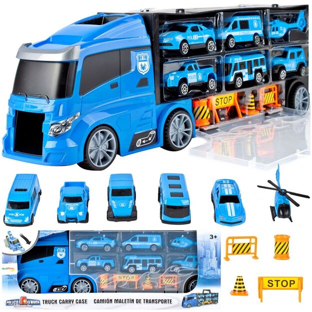 Policija vilkikas su kelio ženklais malūnsparnis